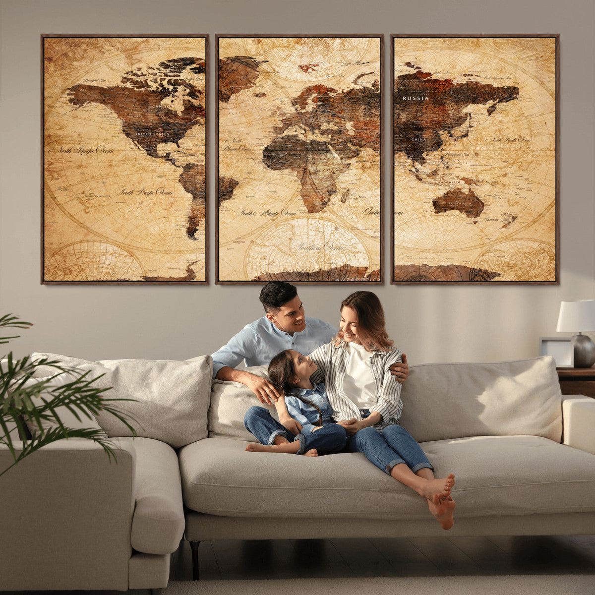 Modern Red and Gray World Map Canvas Print – Framed Wall Art