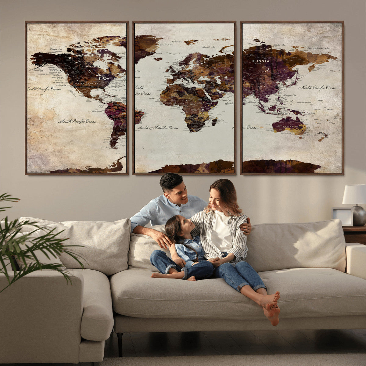 World Map Canvas Triptych – Colorful Global Wall Art for