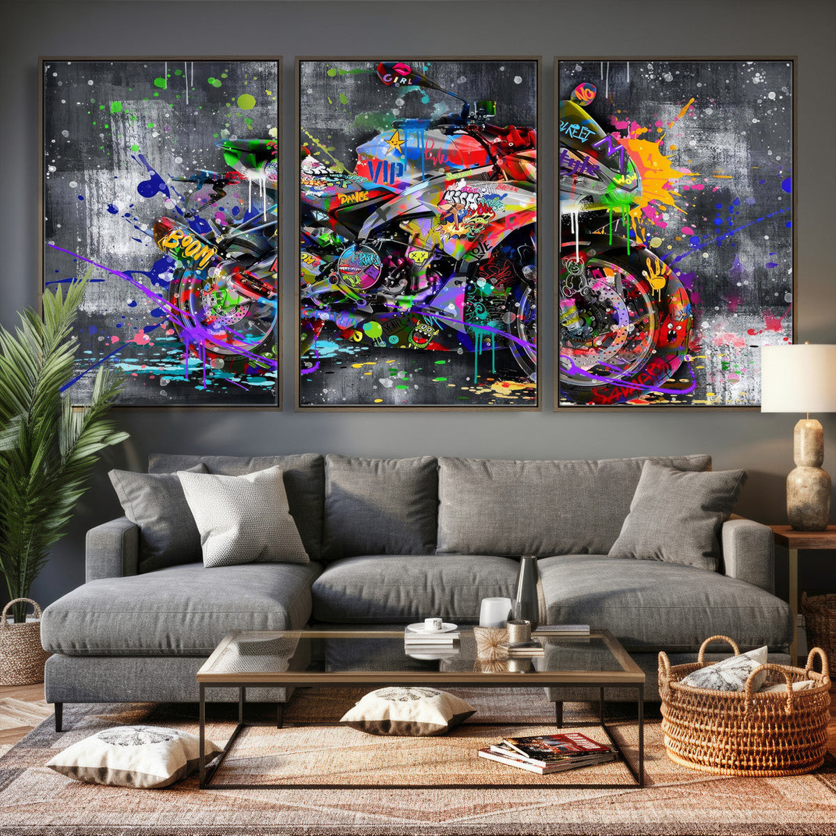Graffiti Motorcycle Wall Art Canvas Print, Urban Street Art