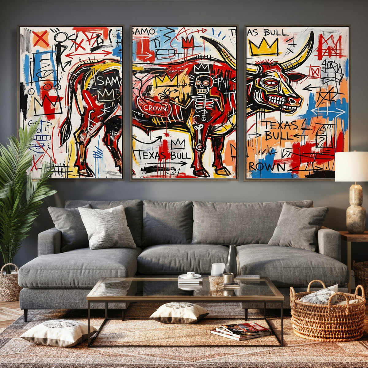 Texas Bull Wall Art Canvas Print, Abstract Graffiti Bull