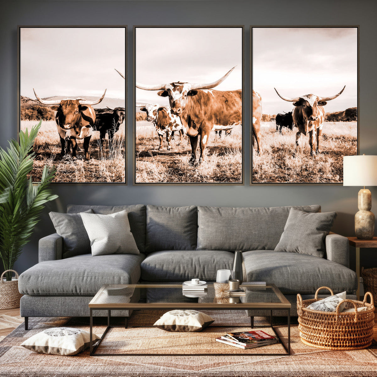 Texas Longhorn Cattle Wall Art Canvas Print, Sepia Western