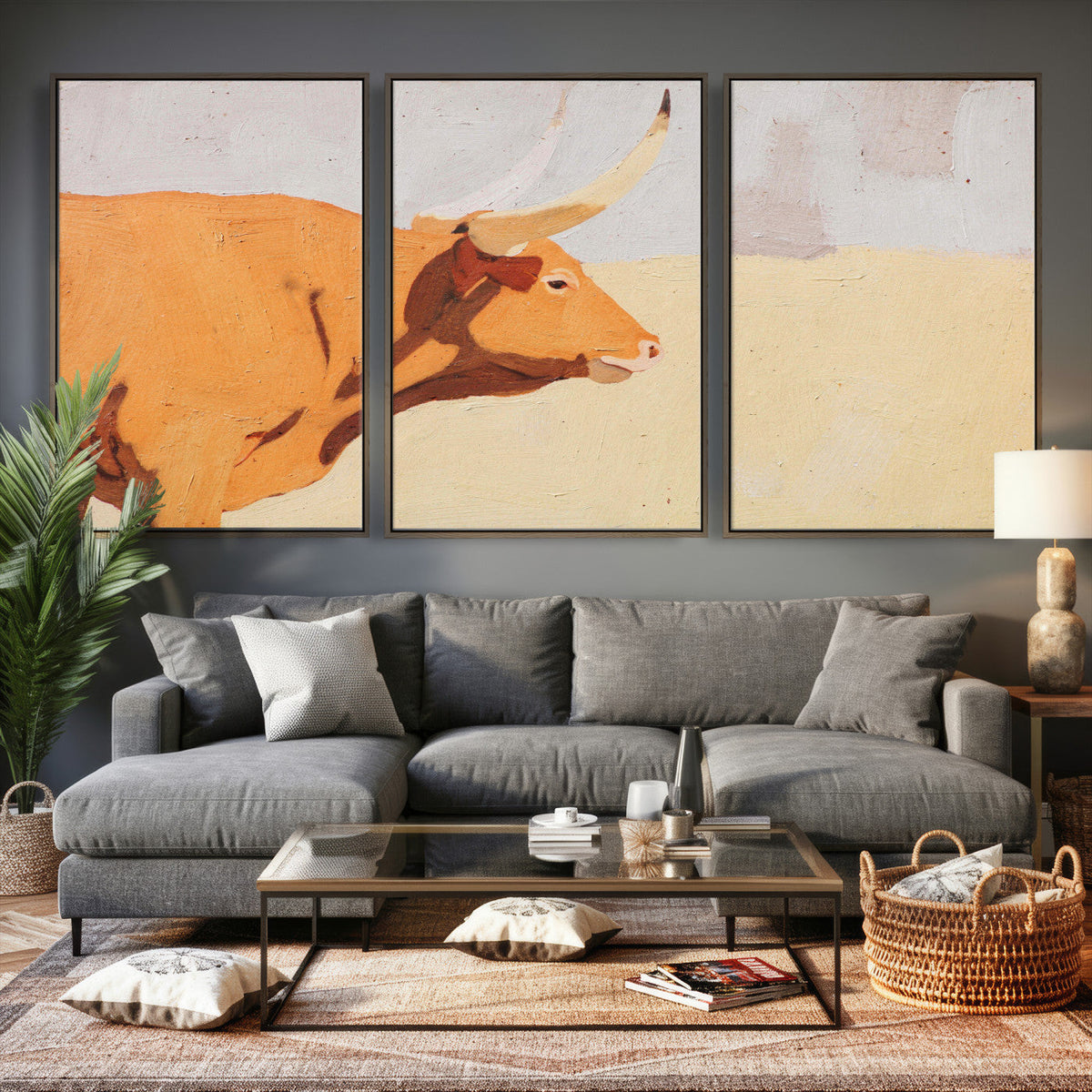 Minimal Longhorn Bull Wall Art Canvas Print, Neutral Western