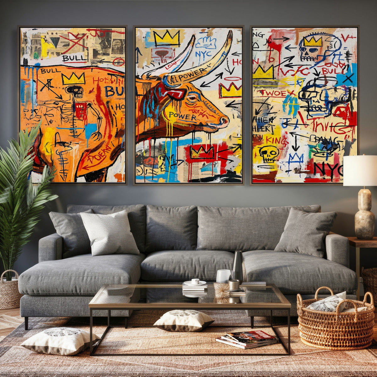 Basquiat Style Bull Graffiti Wall Art Canvas Print, Street