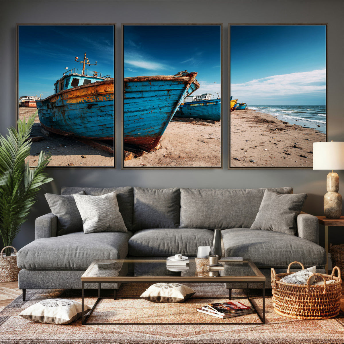 Coastal Fishing Boats Wall Art Canvas Print, Sunset Beach