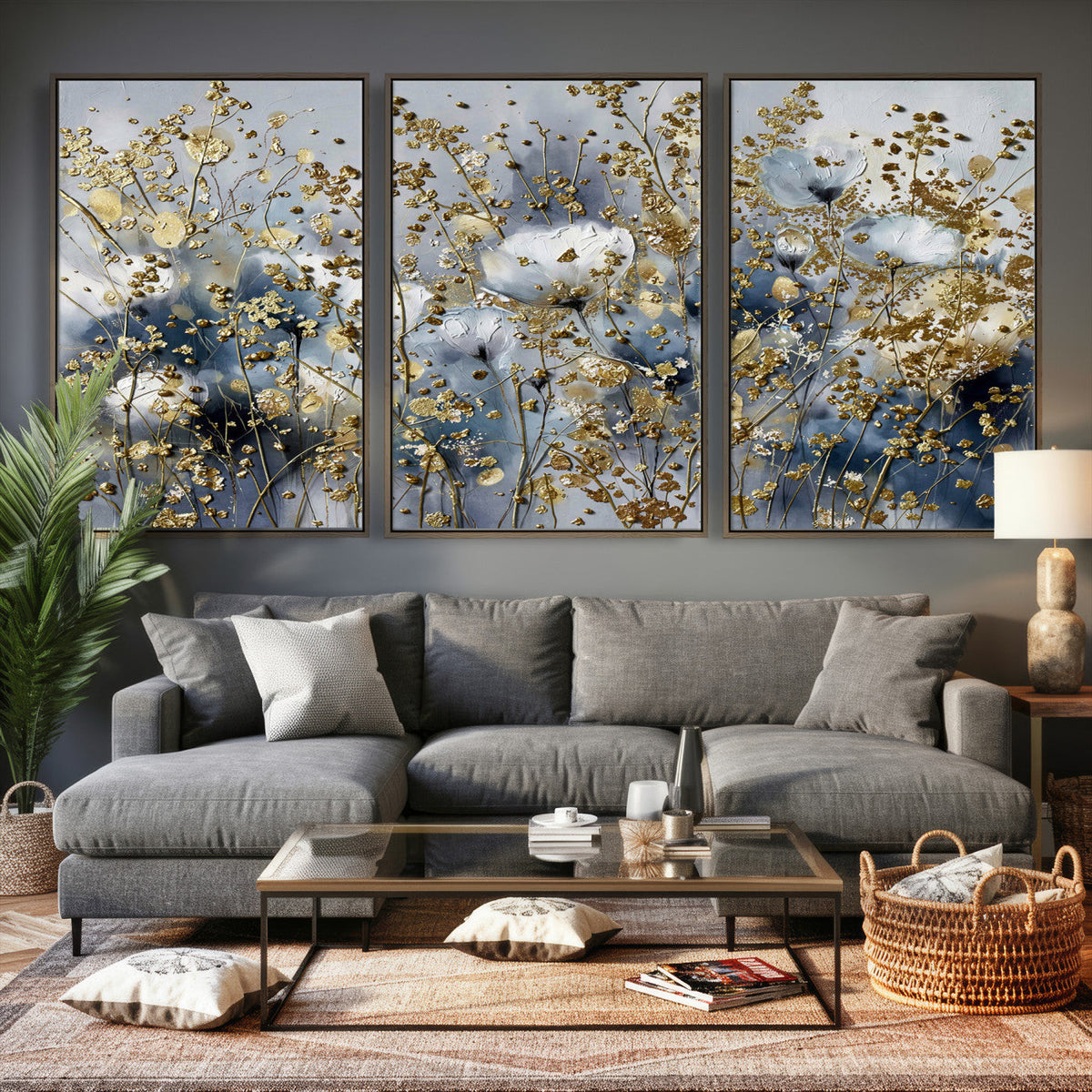 Abstract Floral Wall Art Canvas Print – Gold and Blue