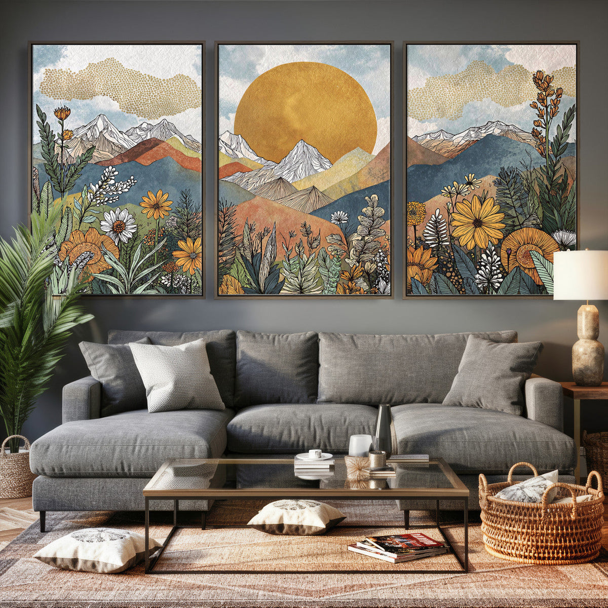 Boho Mountain Landscape Large Wall Art, Horizontal Gold