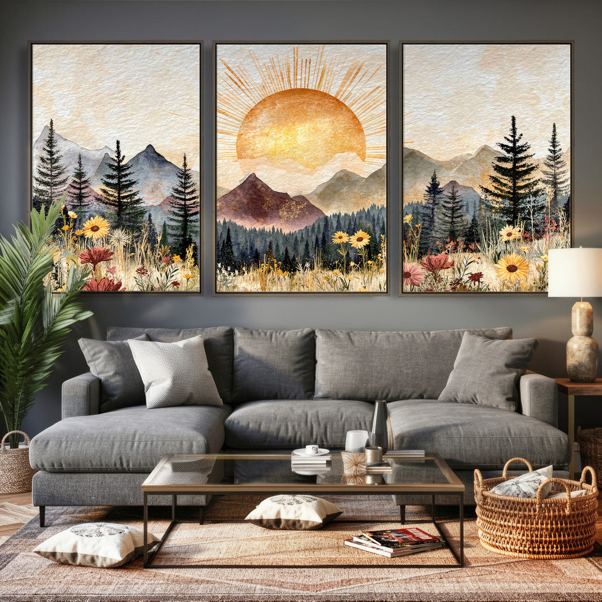 Boho Mountain Landscape Large Wall Art, Horizontal Gold