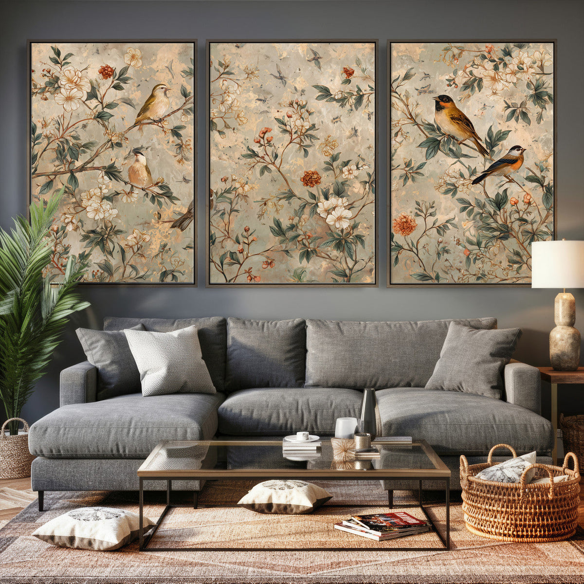 Vintage Birds and Flowers Wall Art Canvas Print, Botanical