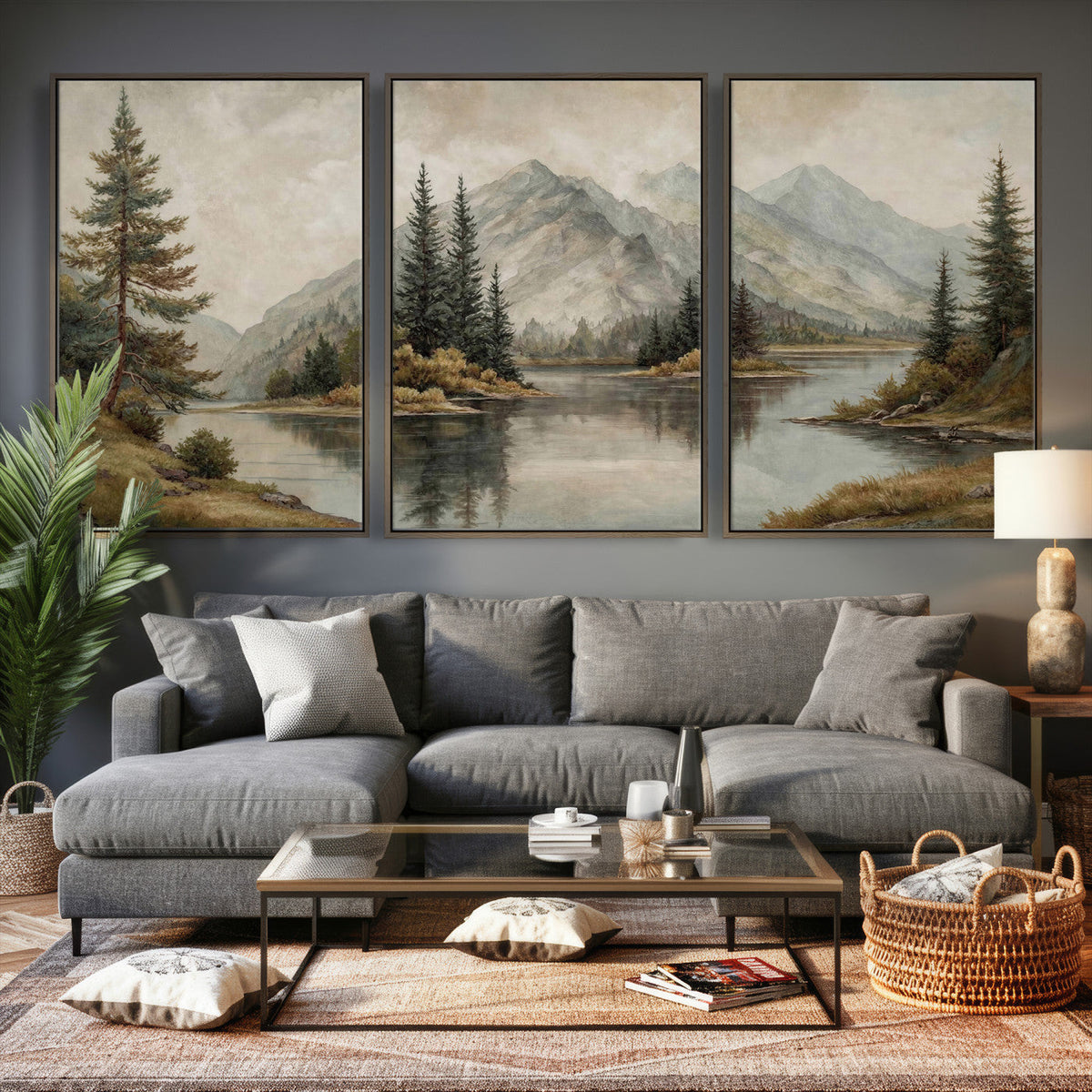 Vintage Mountain Landscape Wall Art Canvas Print Set, Rustic
