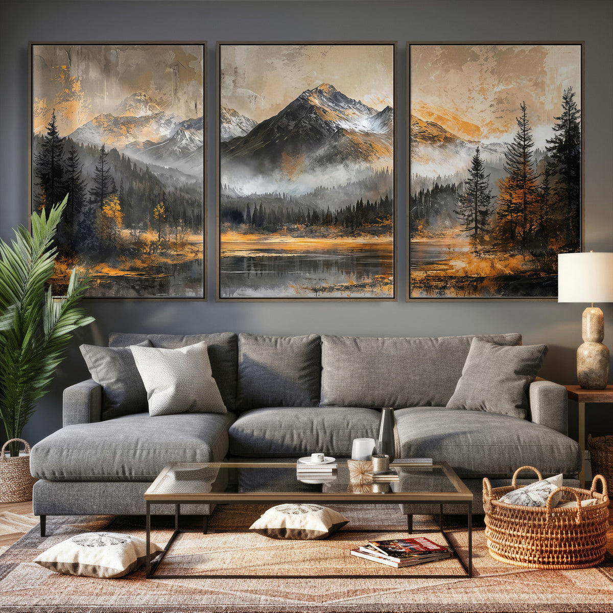 Mountain Lake Canvas Wall Art — Rustic Forest Landscape