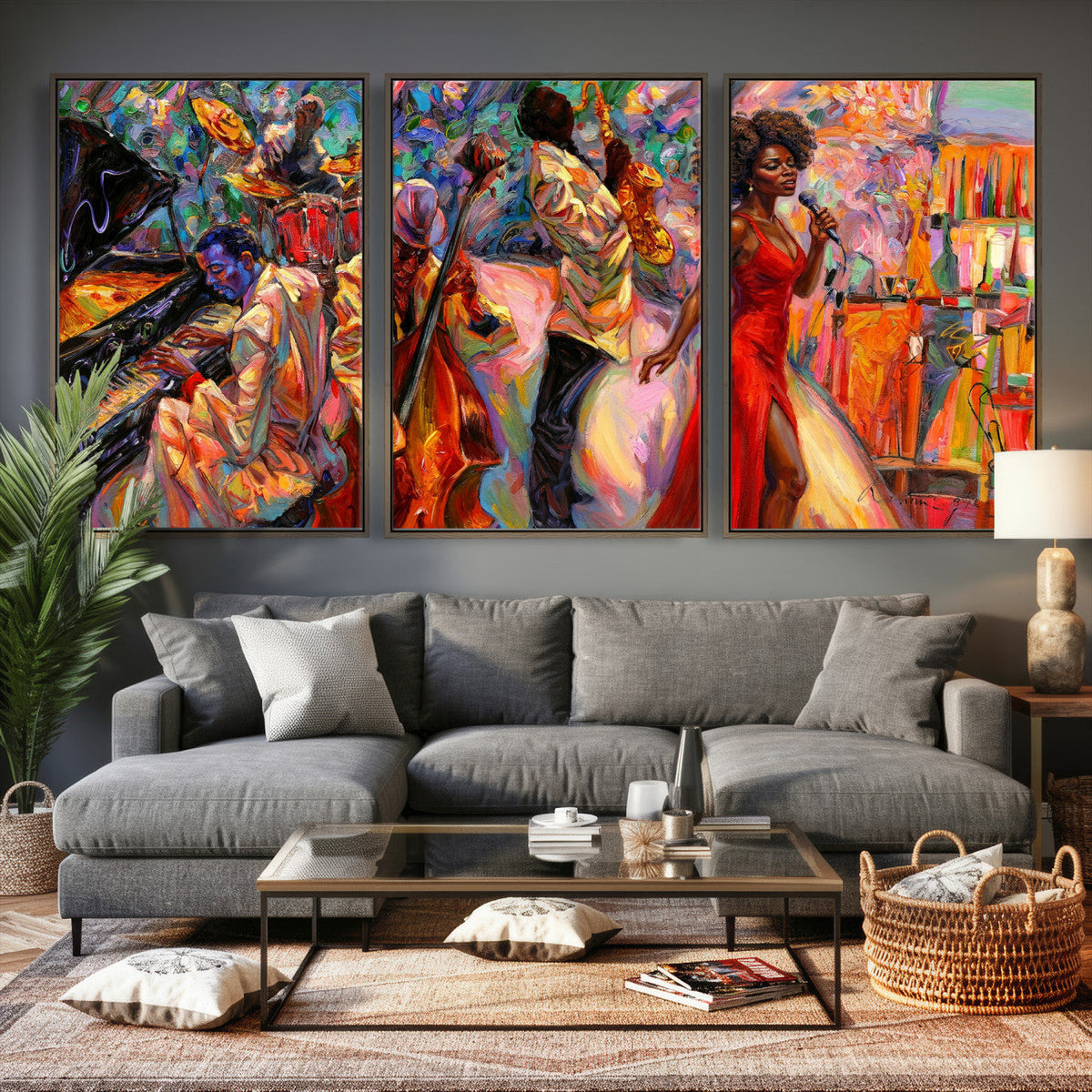 African American Jazz Singer Canvas Art — Red Dress Black