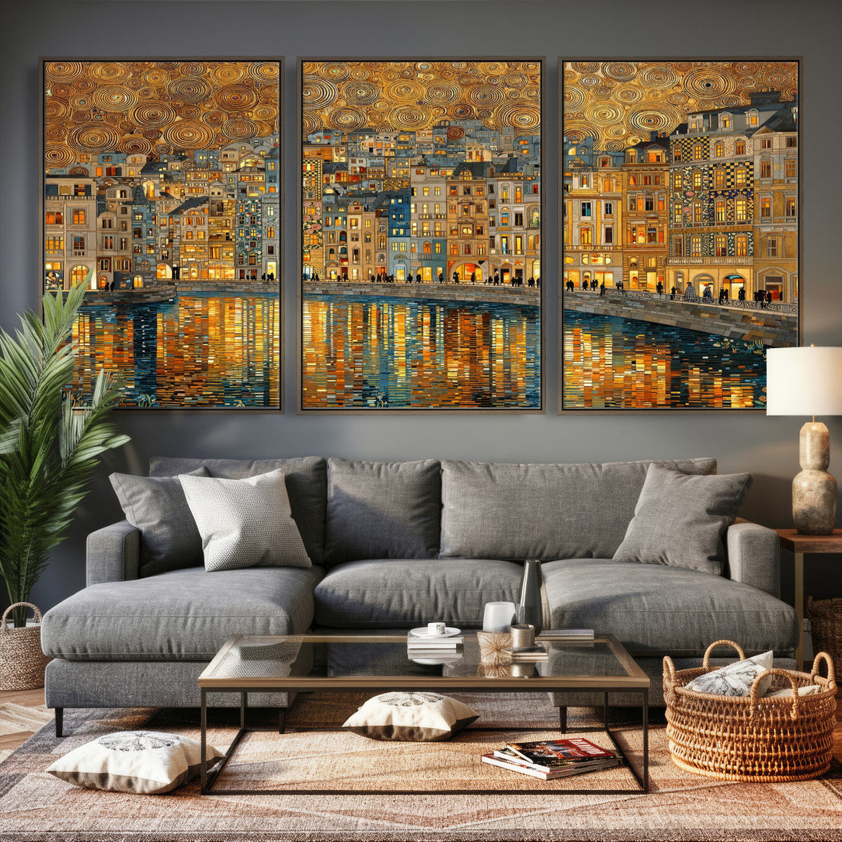 Gustav Klimt Golden Cityscape Wall Art Canvas Print, Framed