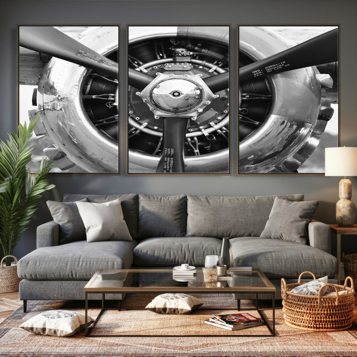 Vintage Propeller Plane Wall Art Canvas Print, Black and