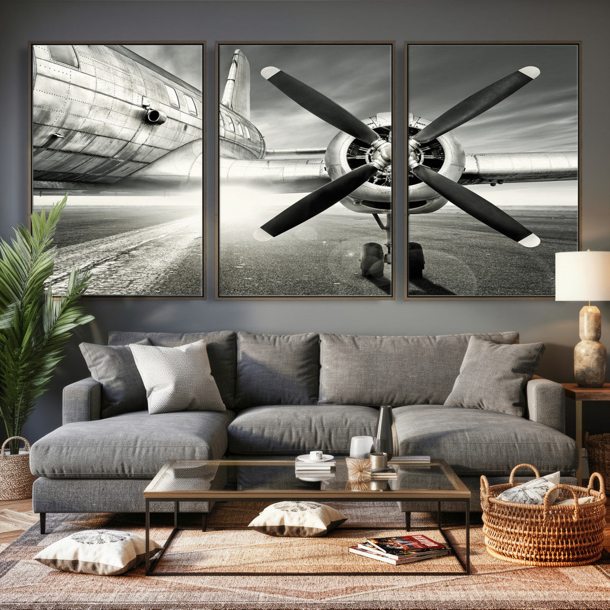 Vintage Airplane Wall Art Canvas Print, Black and White