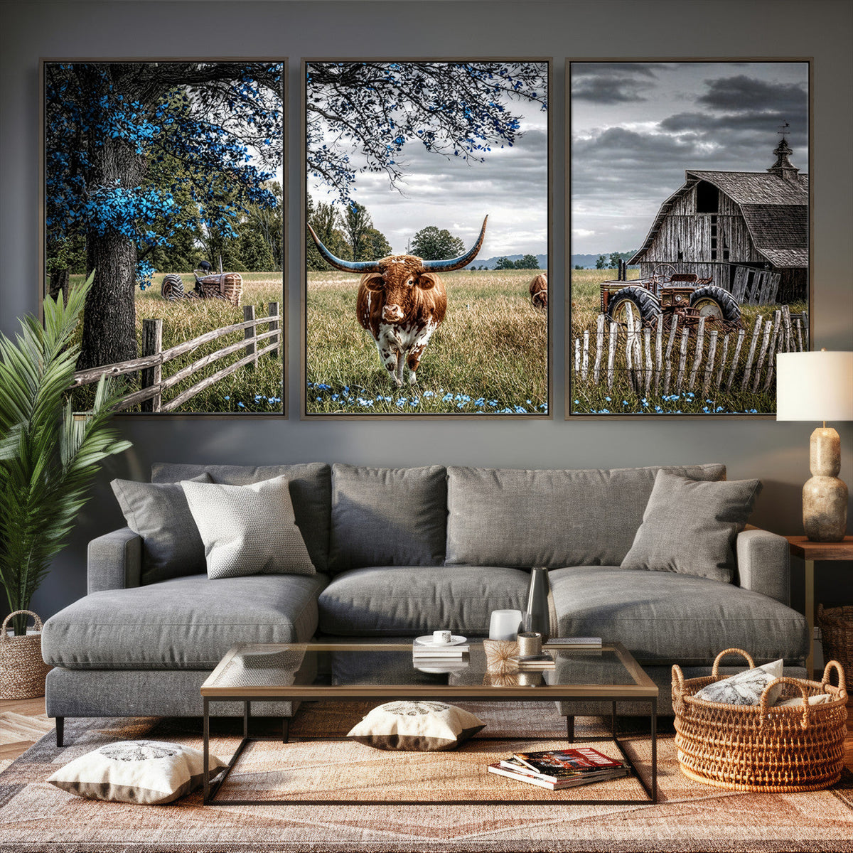 Texas Longhorn Canvas Wall Art, Rustic Farm Barn Bluebonnet