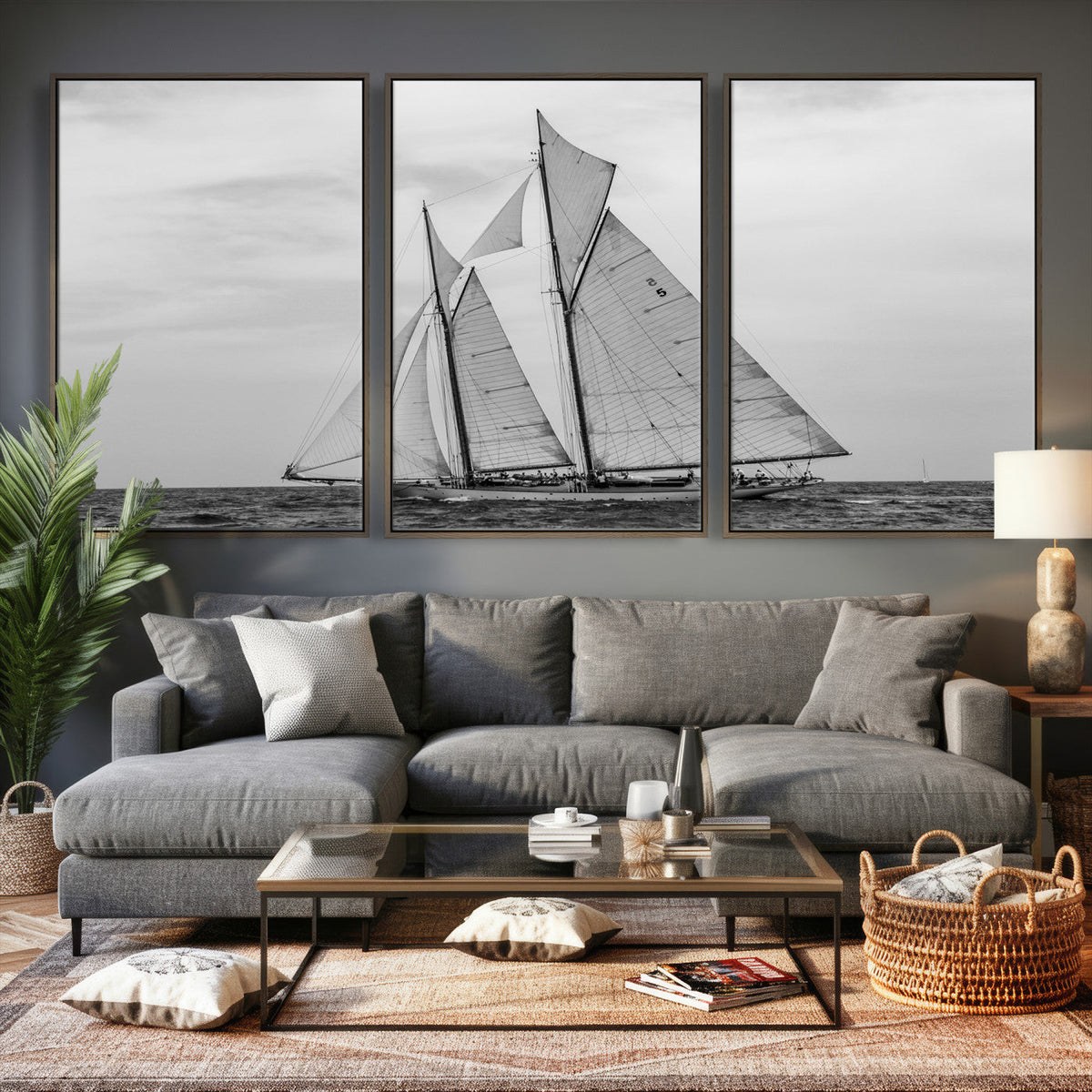 Vintage Sailboat Wall Art Canvas Print, Black and White