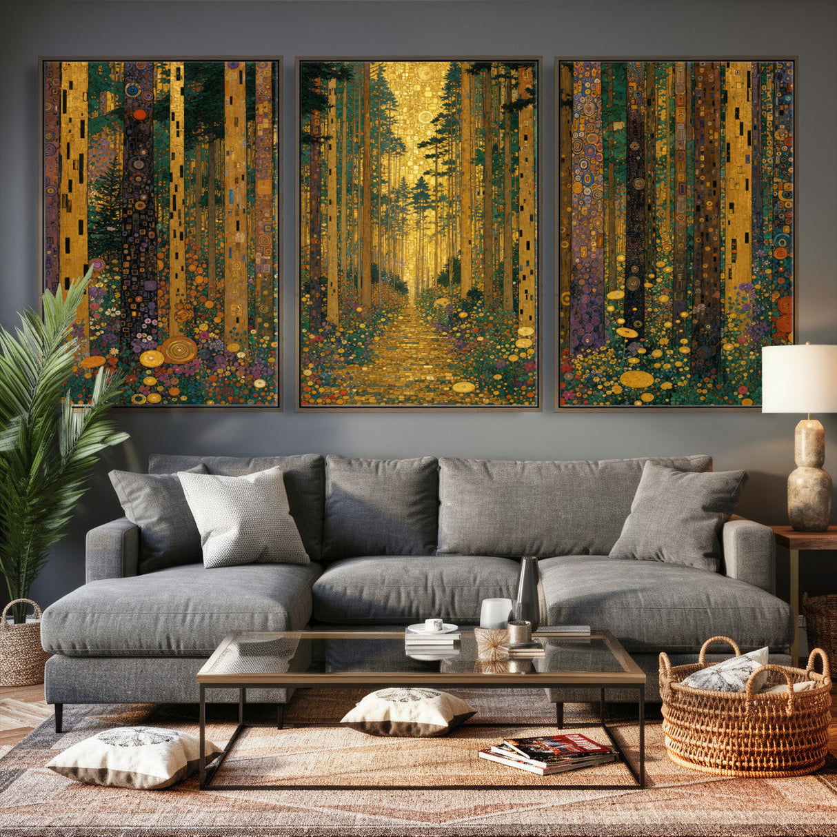 Gustav Klimt Style Forest Canvas Wall Art, Golden Forest Path Floral Art Nouveau Print, Enchanted Woodland Decor