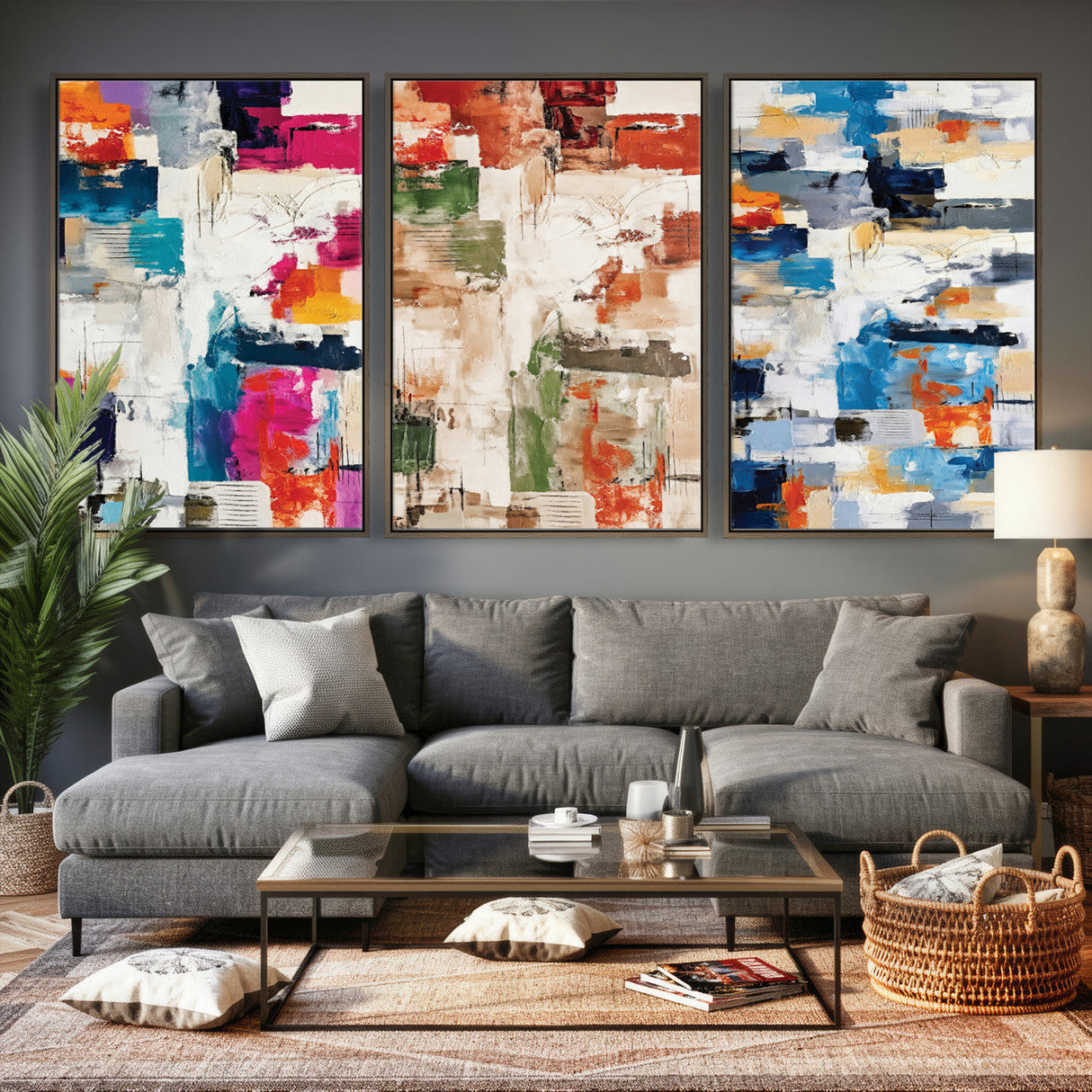 Blue Teal Abstract Canvas Wall Art, Modern Textured Painting Print, Navy Orange White Contemporary Art, Neutral Living Room Decor, Office Art
