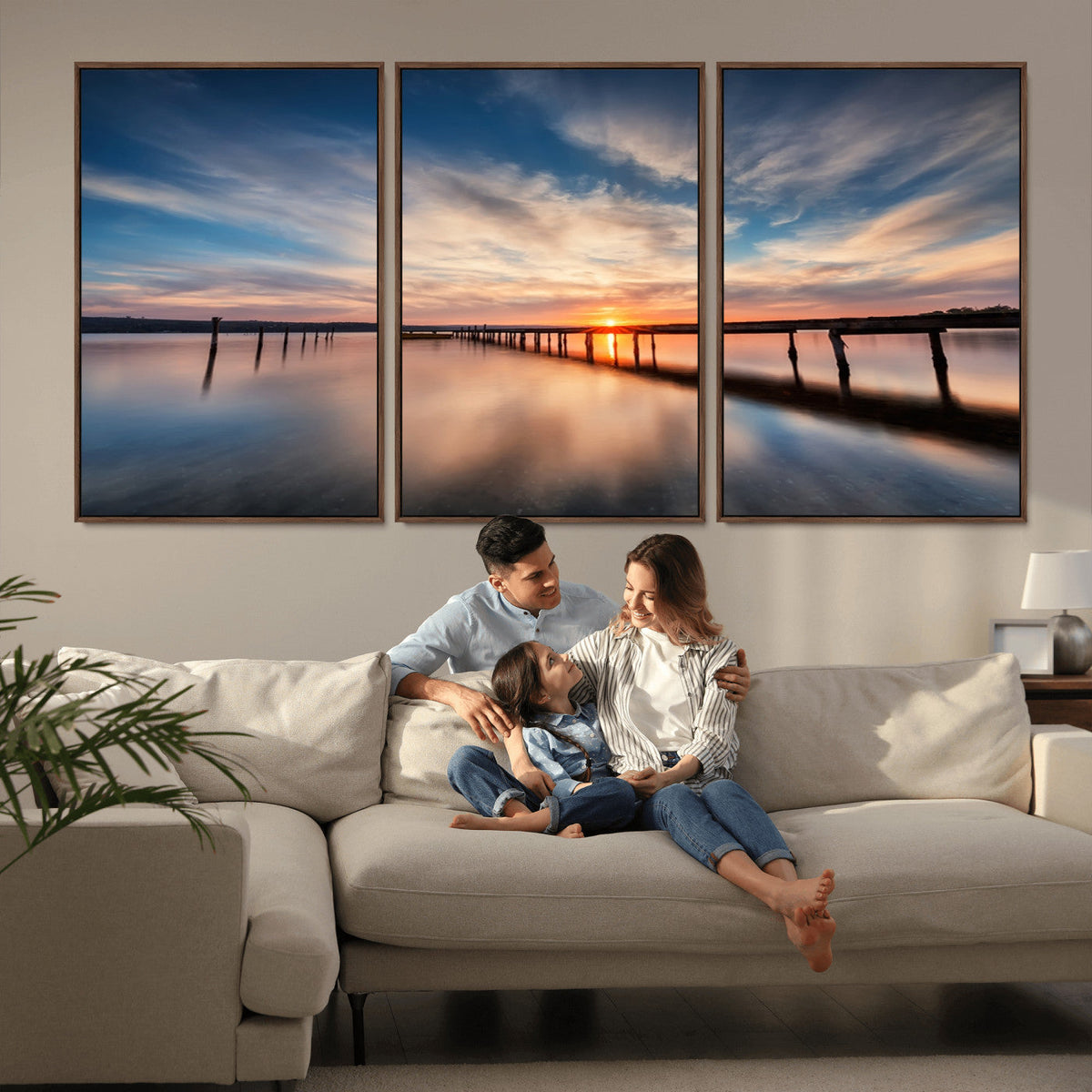 Wooden Pier on Seascape and Sunset Wall Art Canvas Print