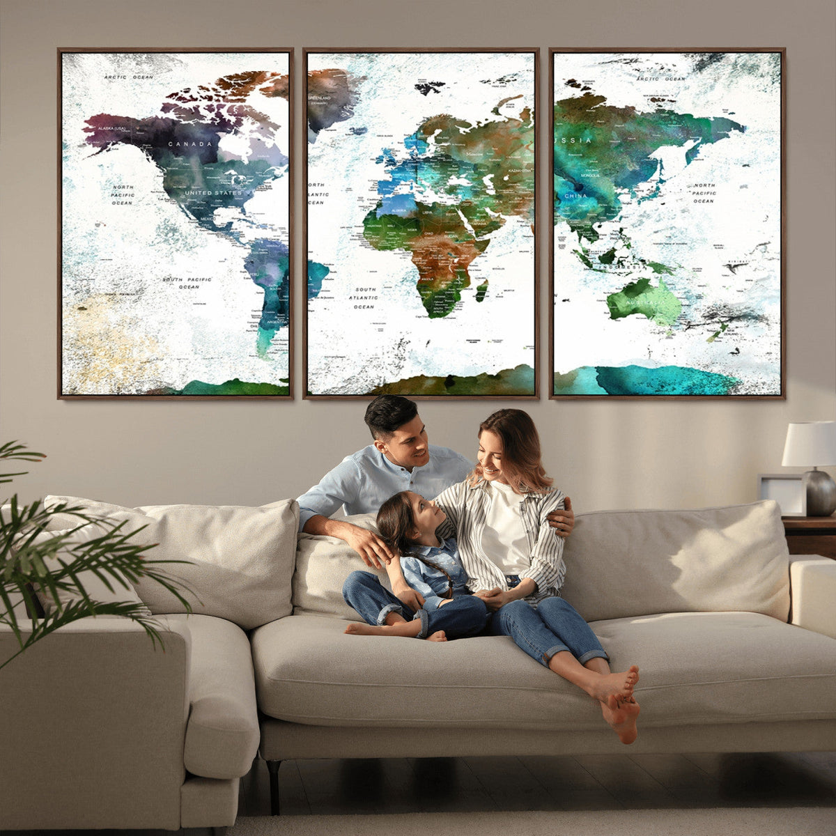 Modern Watercolor World Map Canvas Wall Art – Framed