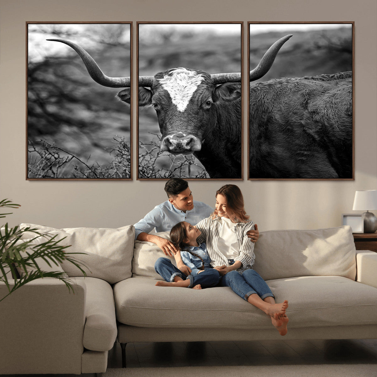 Western Home Wall Art Canvas Print, Framed Texas Longhorn