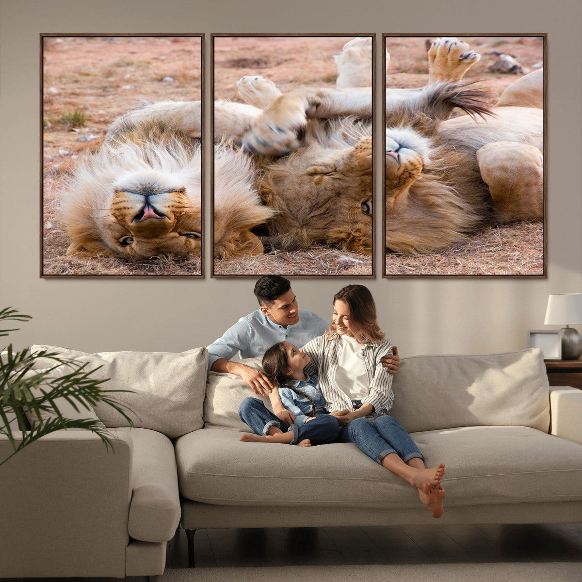 Lion Pair Wall Art Canvas Print – Framed Wildlife Scene with