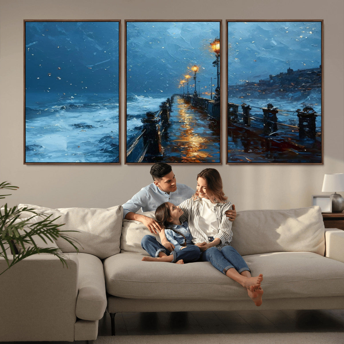 Stormy Night at Beach Pier Oil Painting Large Wall Art