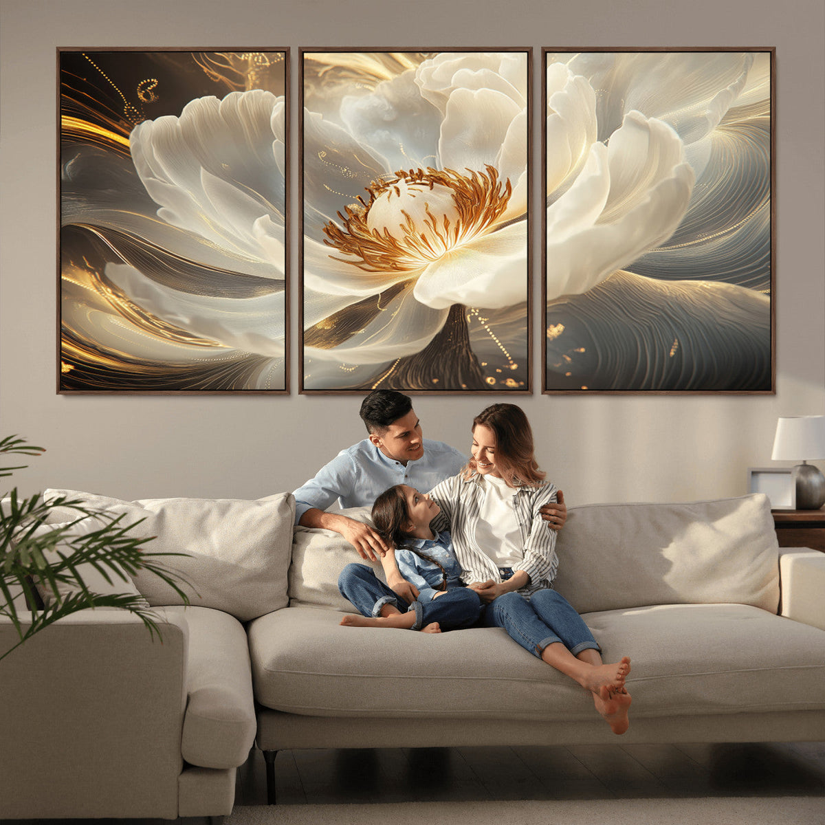 Gold Floral Wall Art Canvas Print, Framed Modern Flower Art