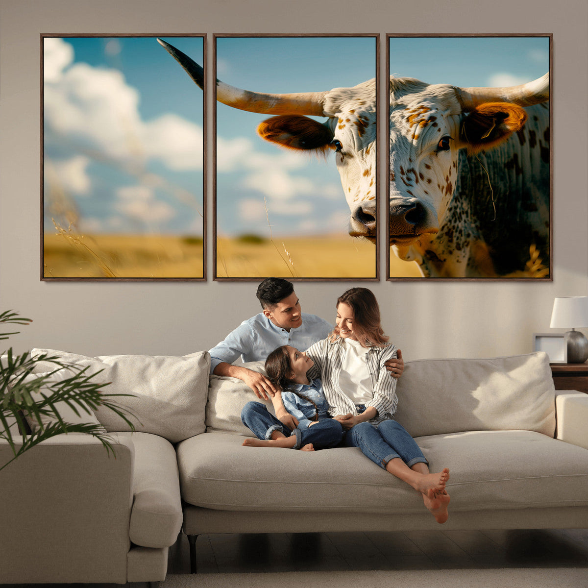 Longhorn in the Prairie - Stunning Ranch-Style Triptych Wall