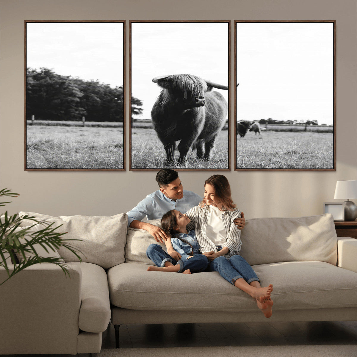 Black and White Highland Cow Wall Art Canvas Print | Rustic