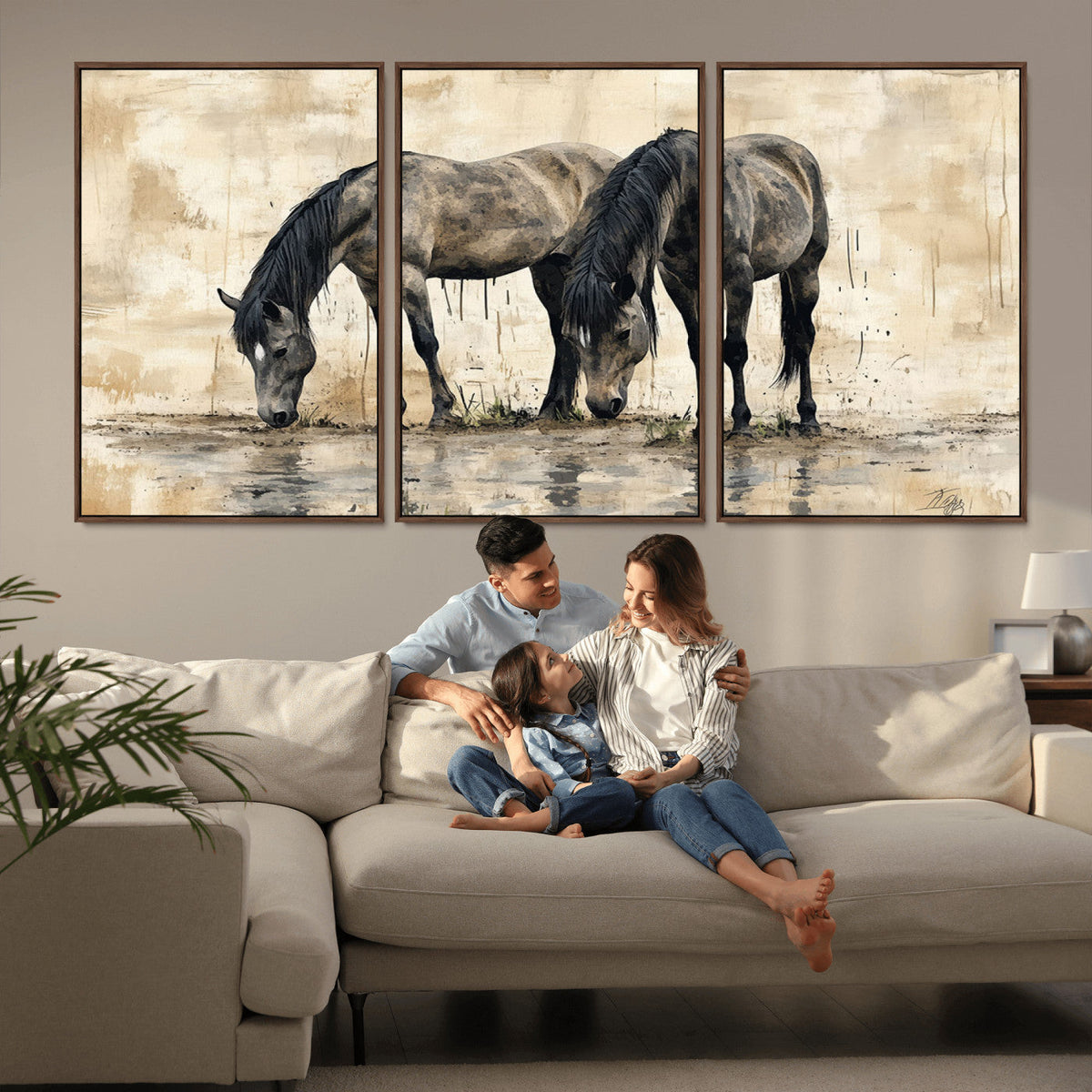 Chinese Style Abstract Black Horses Wall Art Canvas Print -