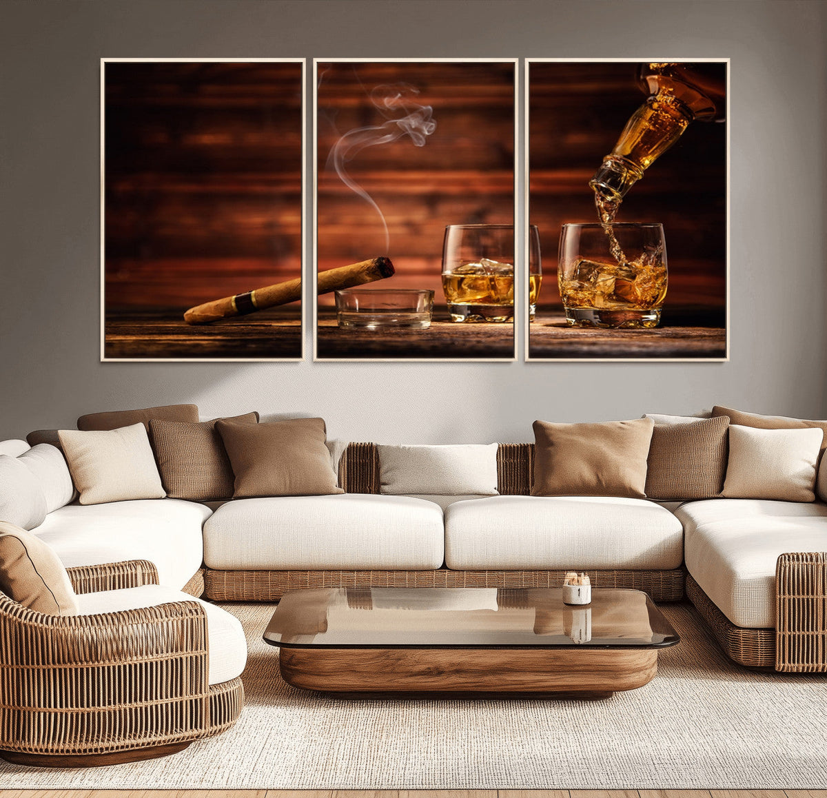 Whiskey and Cigar Wall Art Canvas | 3 Panel Bar Room Decor