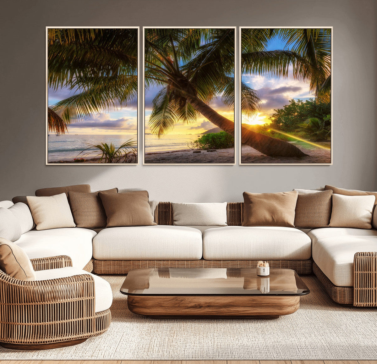 Tropical Island Sunset on the Beach Palms Wall Art Canvas