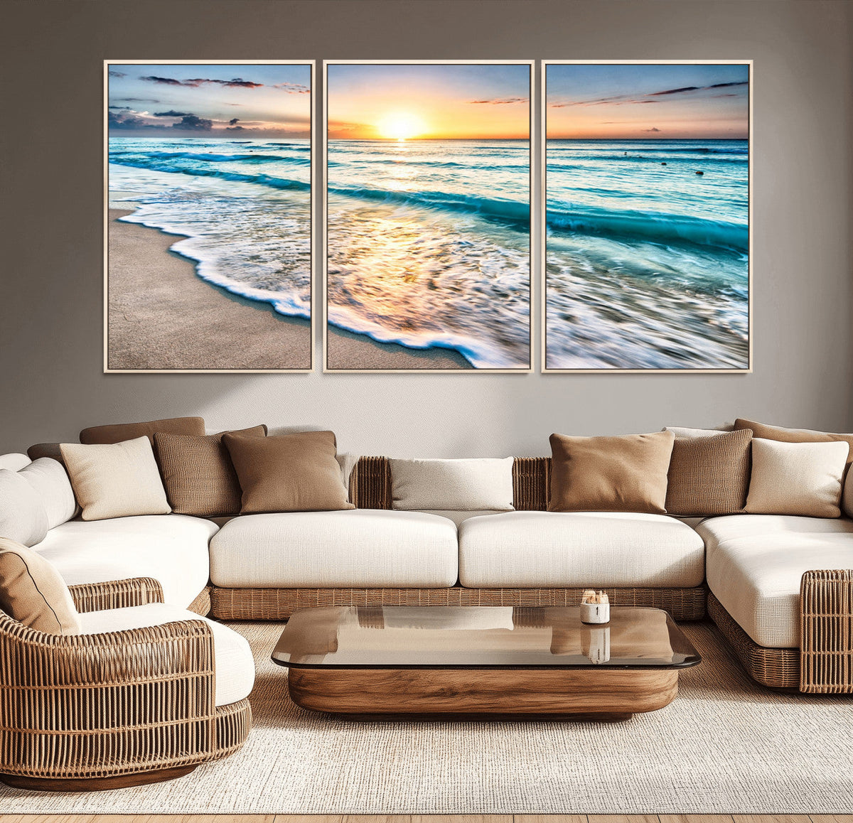 Sunset Beach Waves Canvas Wall Art – 5-Panel Ocean Sunset