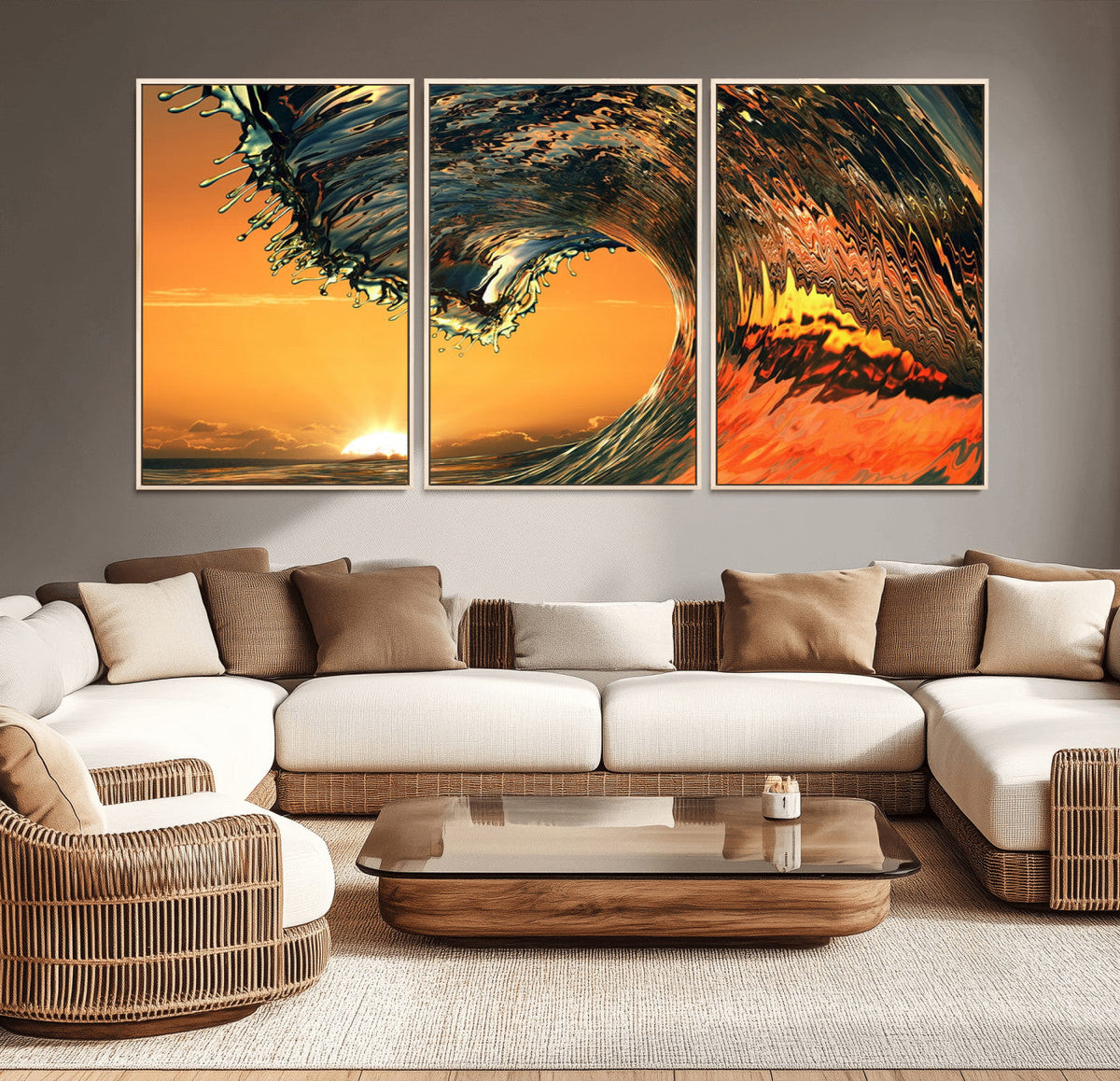 Surf Wave Sunset Canvas Wall Art Print, 3-Panel Ocean