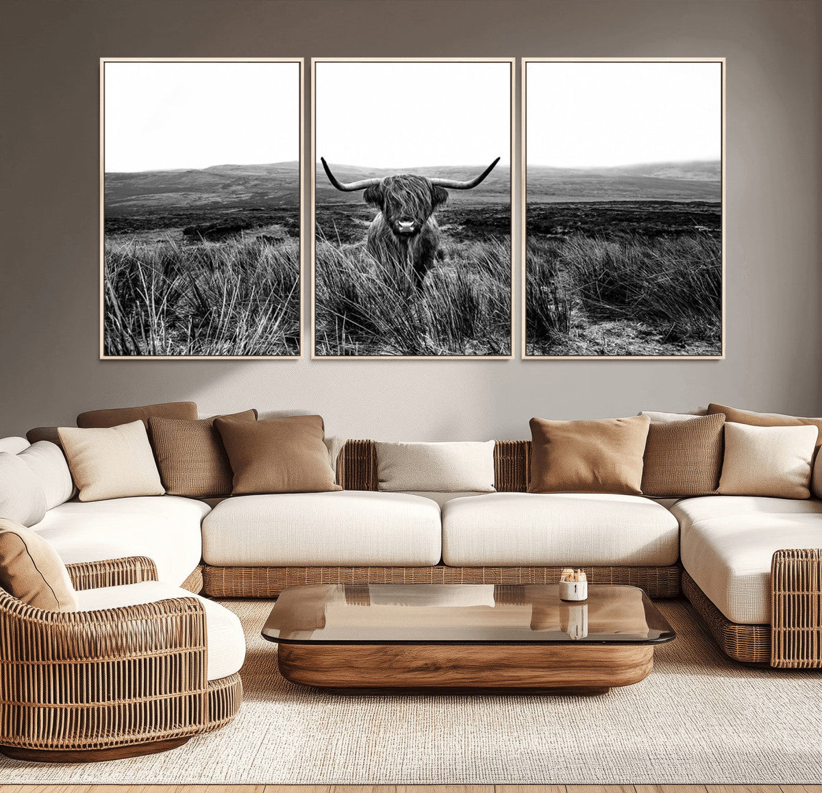 Black and White Highland Cow Canvas Wall Art, Longhorn
