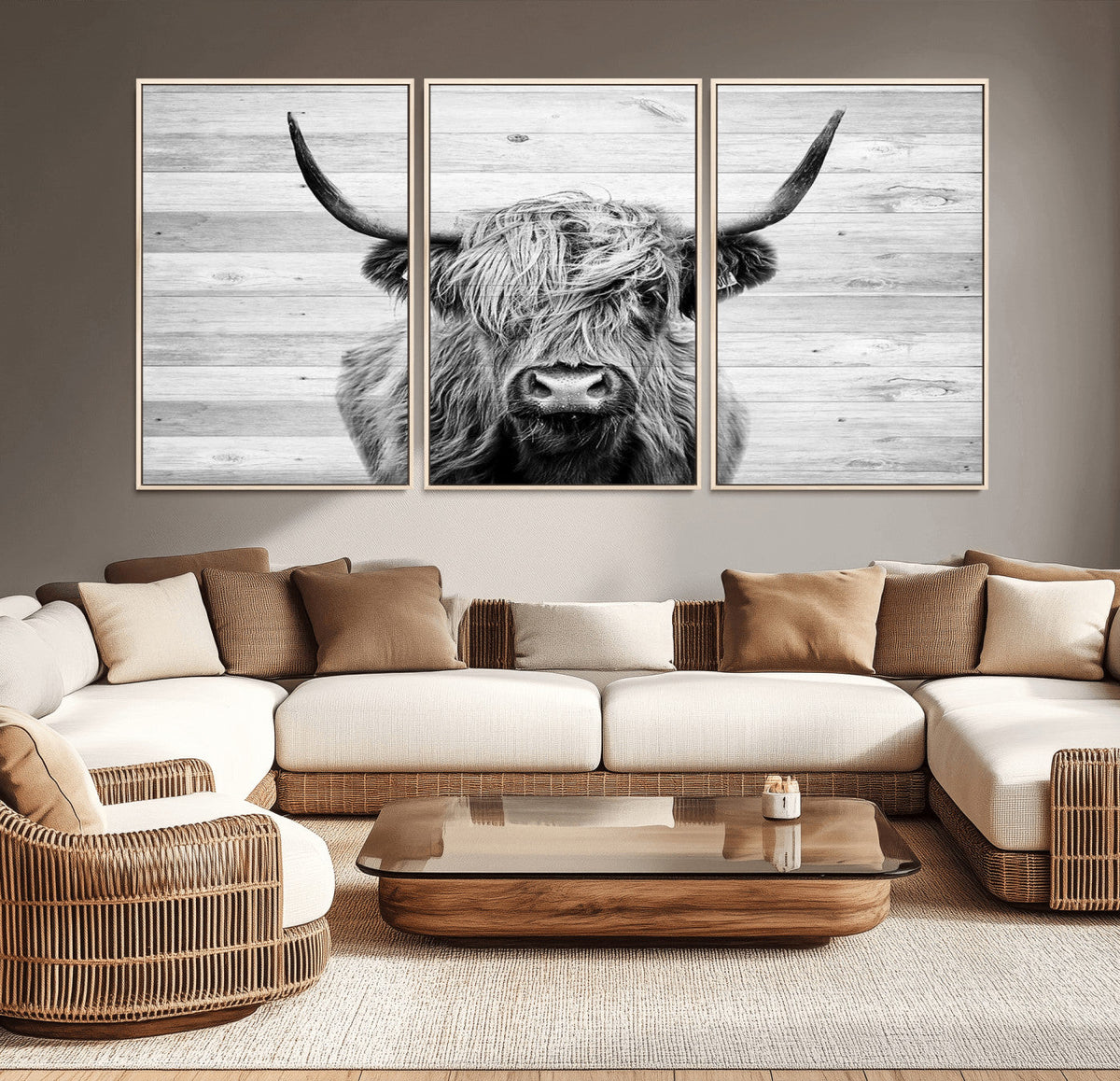 Scottish Highland Cow Cattle Art Print on Wood Background