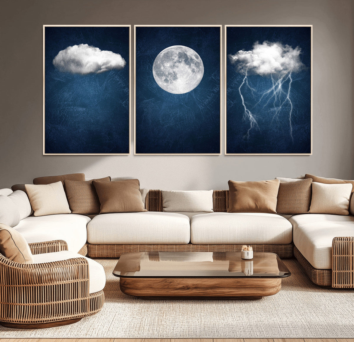 Dark Blue Cloud Art, 3 Piece Indigo Blue Wall Art, Aesthetic