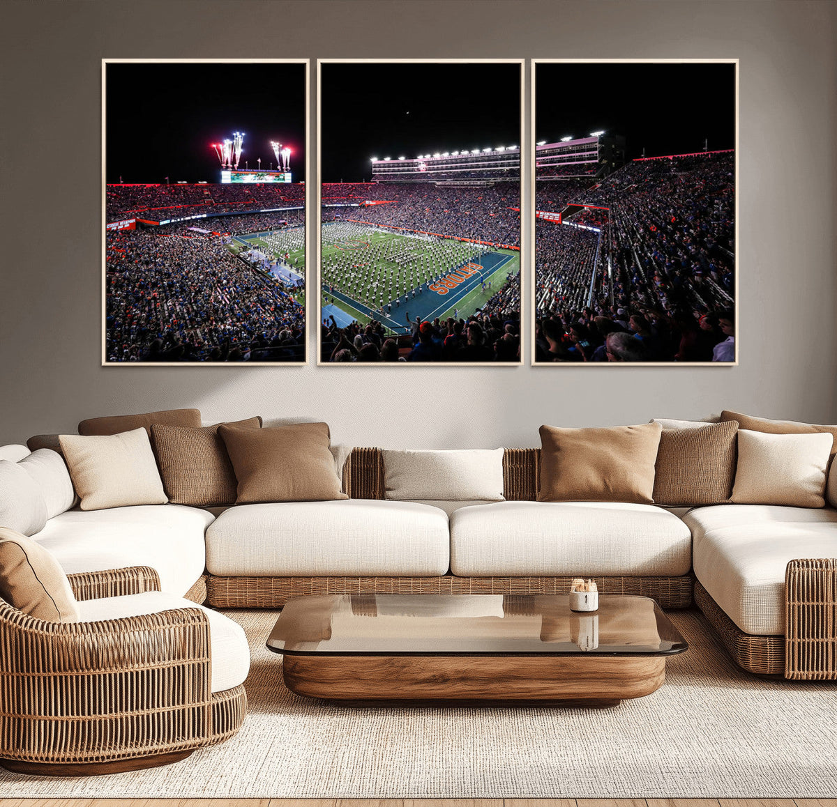Ben Hill Griffin Stadium Night Game Triple Canvas Wall Art -
