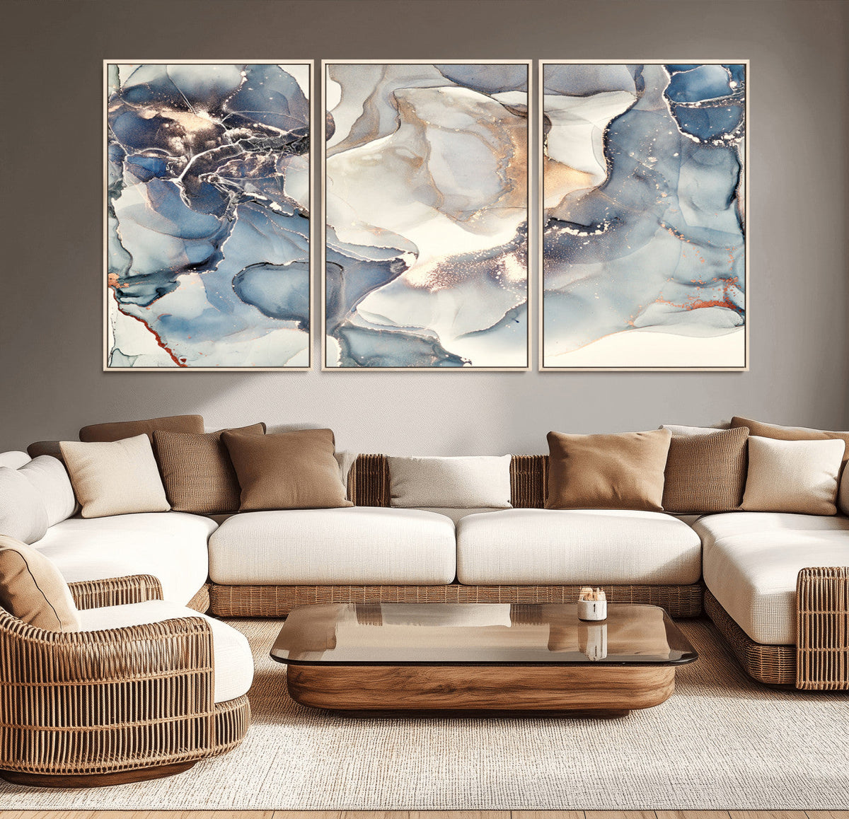 Abstract Blue and Gold Canvas Wall Art - Fluid Modern Ink