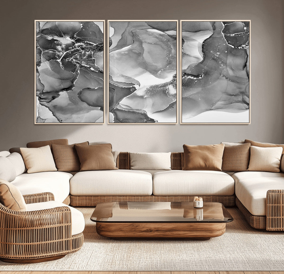 Black White Abstract Canvas Wall Art - Fluid Ink Artwork -