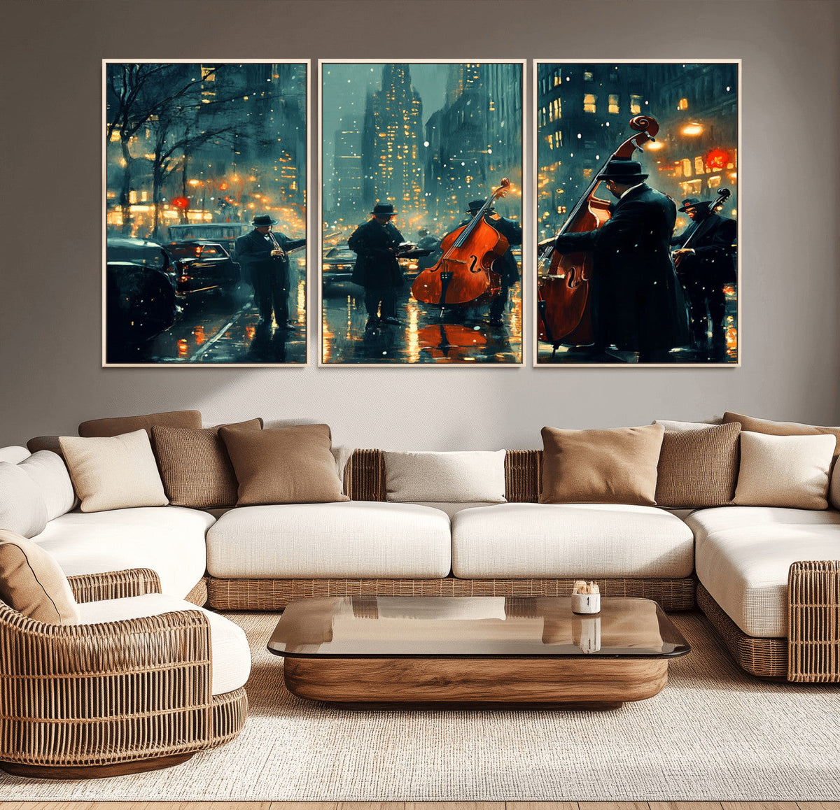 Urban Night Jazz Wall Art Canvas Print – Moody Rain-Soaked