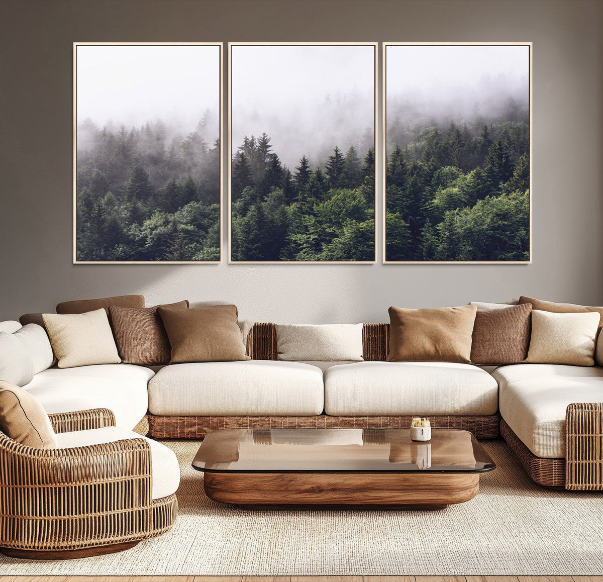 Misty Forest Wall Art Canvas Print, Serene Foggy Pines and