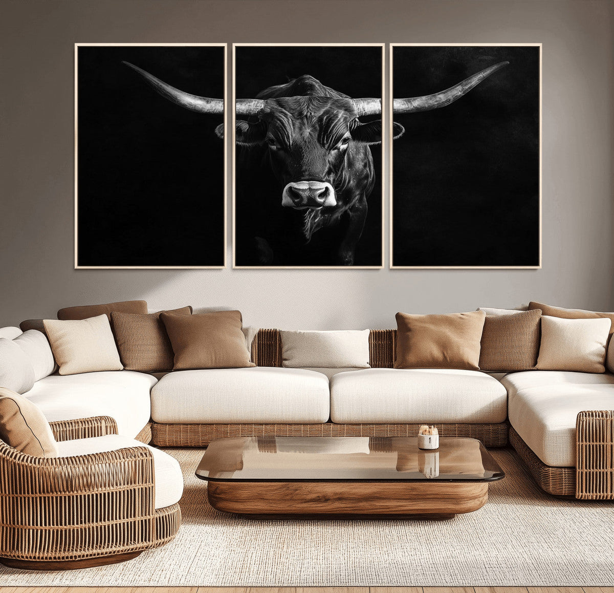 Texas Longhorn Wall Art Canvas Print – Framed Monochrome