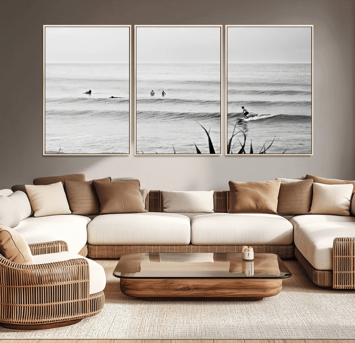 Surfer Silhouette Wall Art – Framed Calm Ocean Canvas