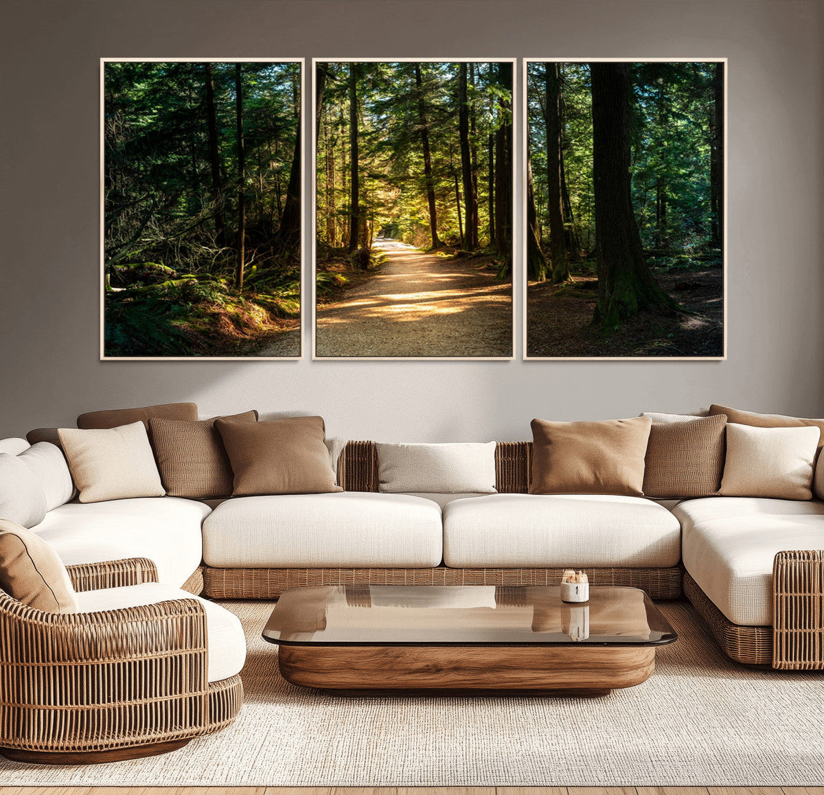 Sunlit Forest Pathway Canvas Print | 3 Panel Large Nature