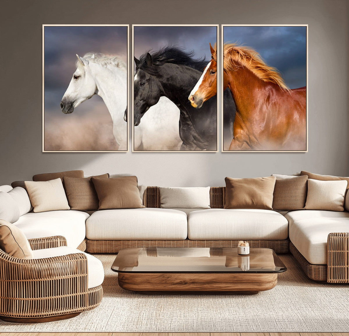 Animal Wall Art Three Horses Farmhouse Art Canvas, Framed