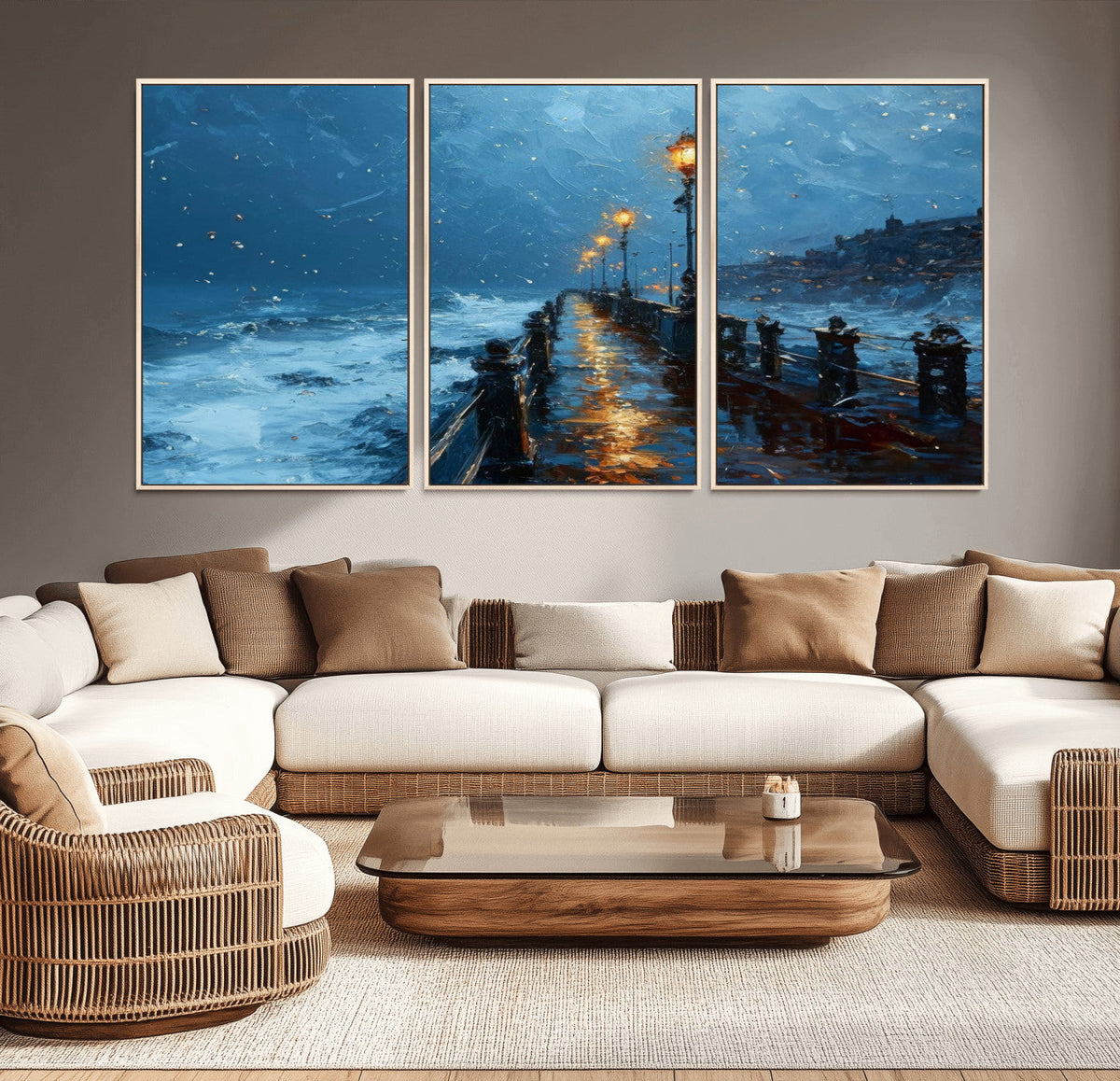 Stormy Night at Beach Pier Oil Painting Large Wall Art