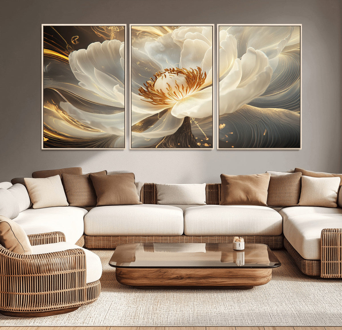 Gold Floral Wall Art Canvas Print, Framed Modern Flower Art