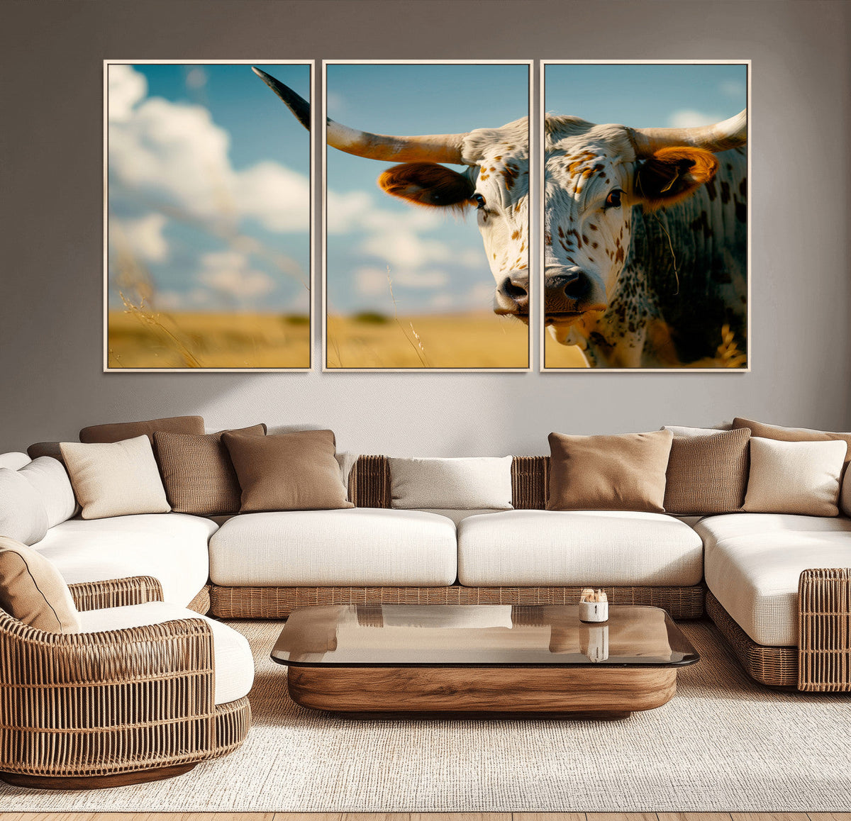Longhorn in the Prairie - Stunning Ranch-Style Triptych Wall